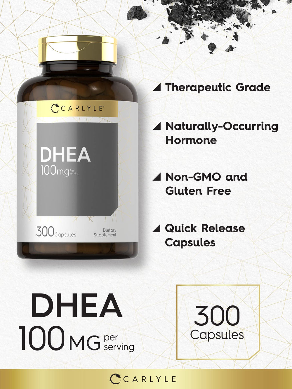 Close-up of Carlyle DHEA 100mg capsules