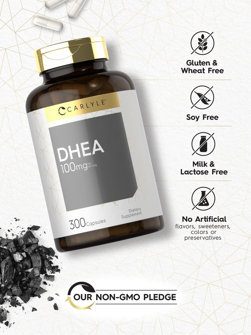 Pouring Carlyle DHEA 100mg capsules from bottle