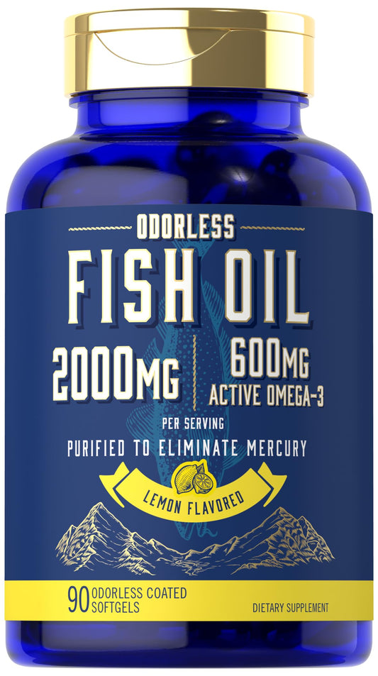 Odorless lemon-flavored fish oil softgels, 2000 mg per serving