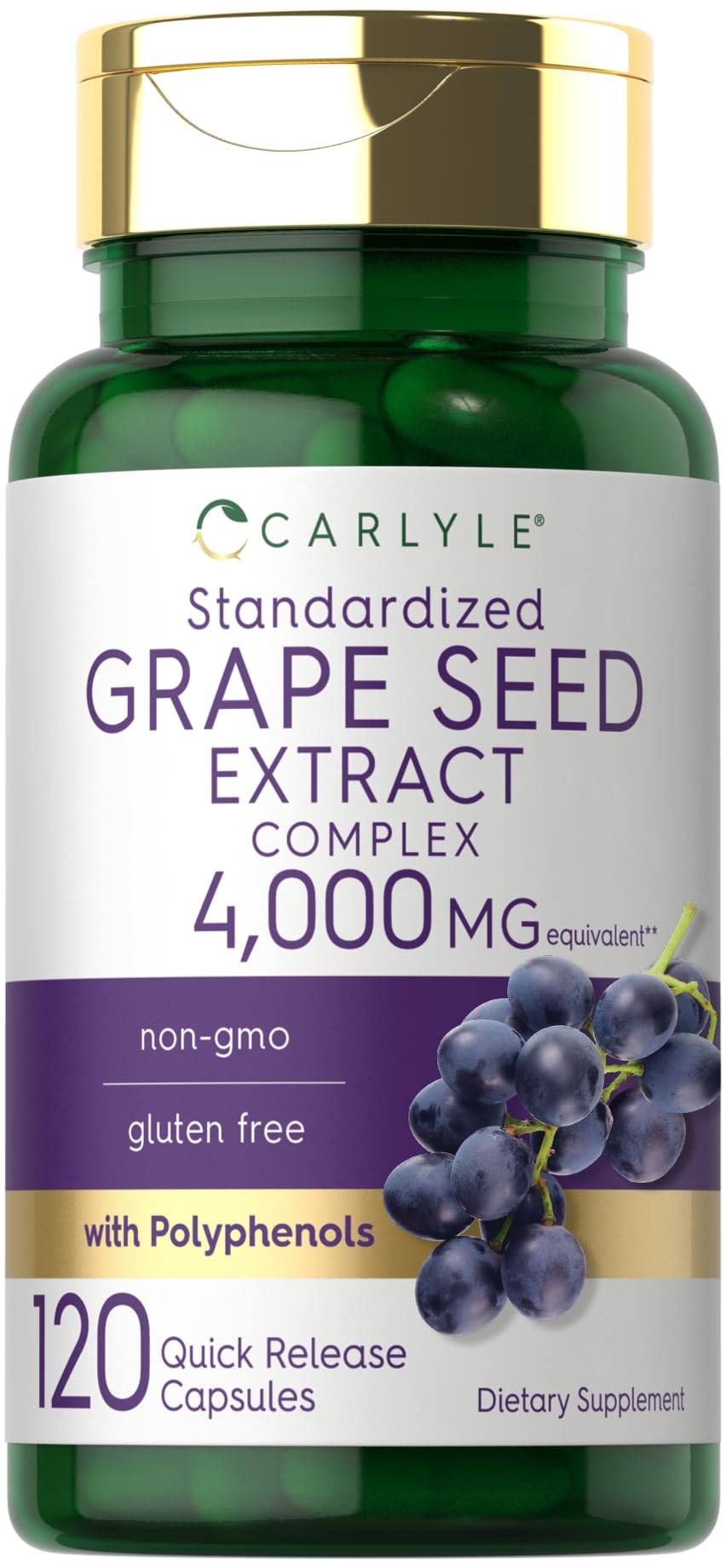 Carlyle Grape Seed Extract bottle showing 4,000 mg strength and 120 capsules