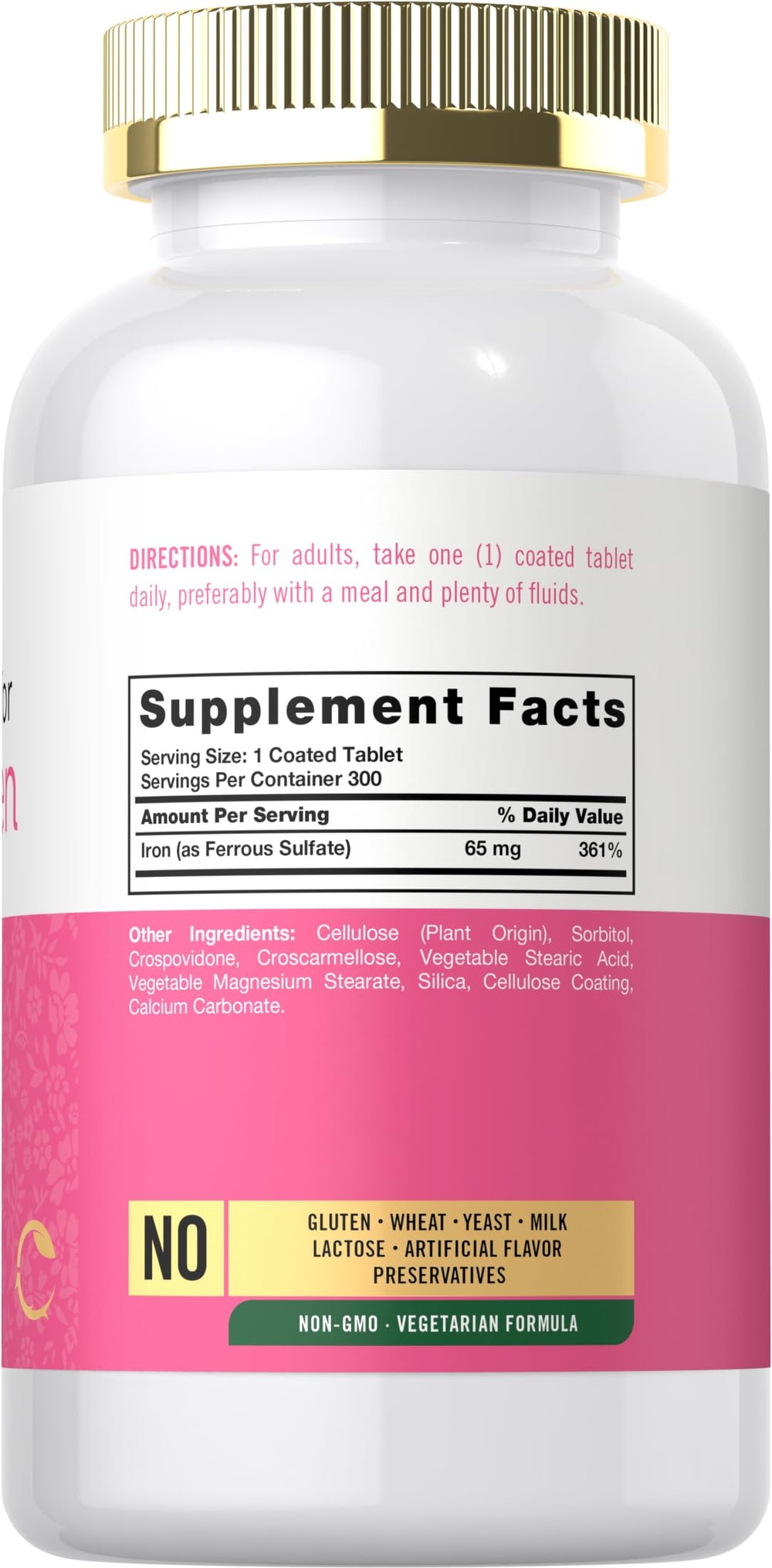 Carlyle Iron Supplement label showing 65 mg iron (ferrous sulfate)