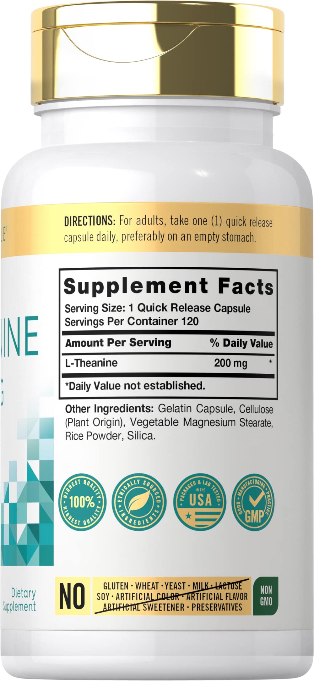 Close-up of Carlyle L-Theanine 200mg capsules