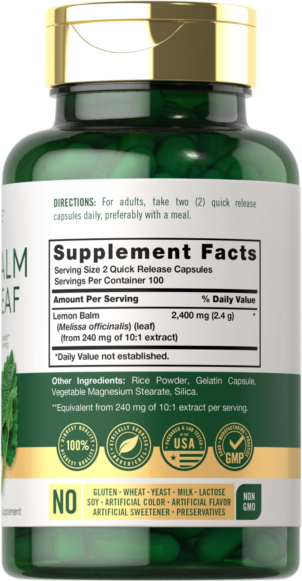 200-count bottle of Carlyle Lemon Balm Capsules