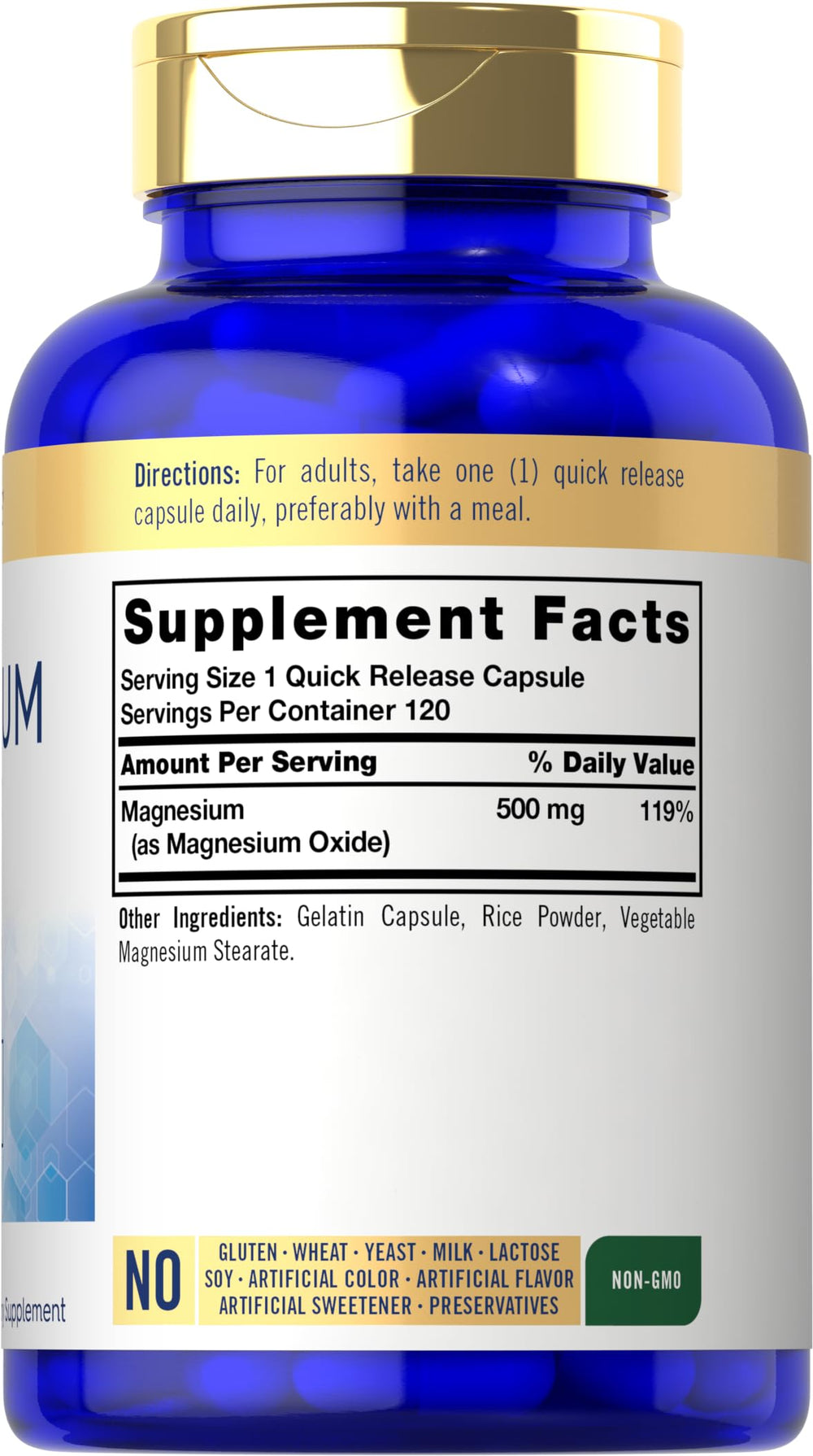 Close-up of Carlyle Magnesium Oxide 500mg label