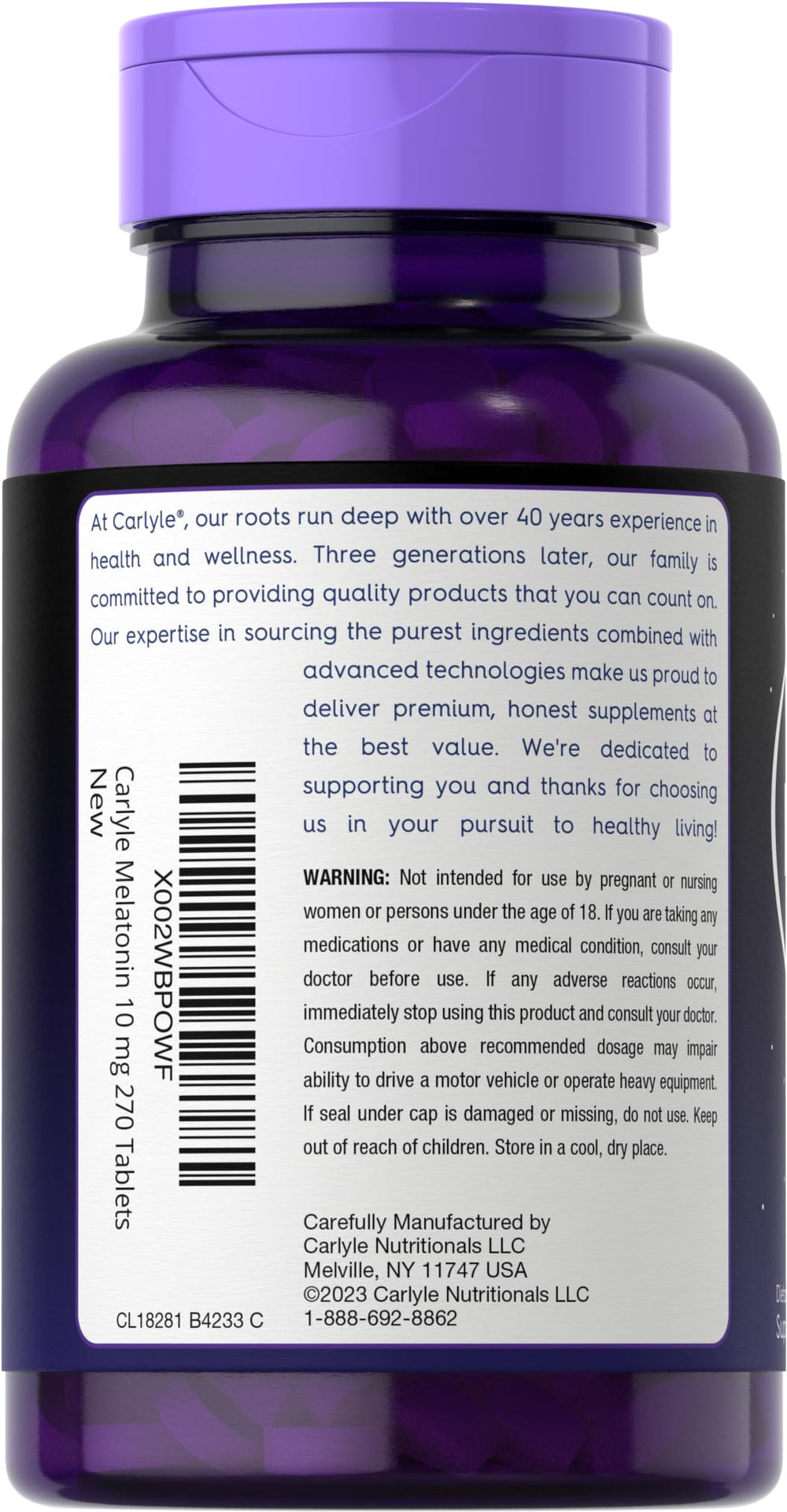 Nutrition facts for Carlyle Melatonin 10mg per 270-tablet pack