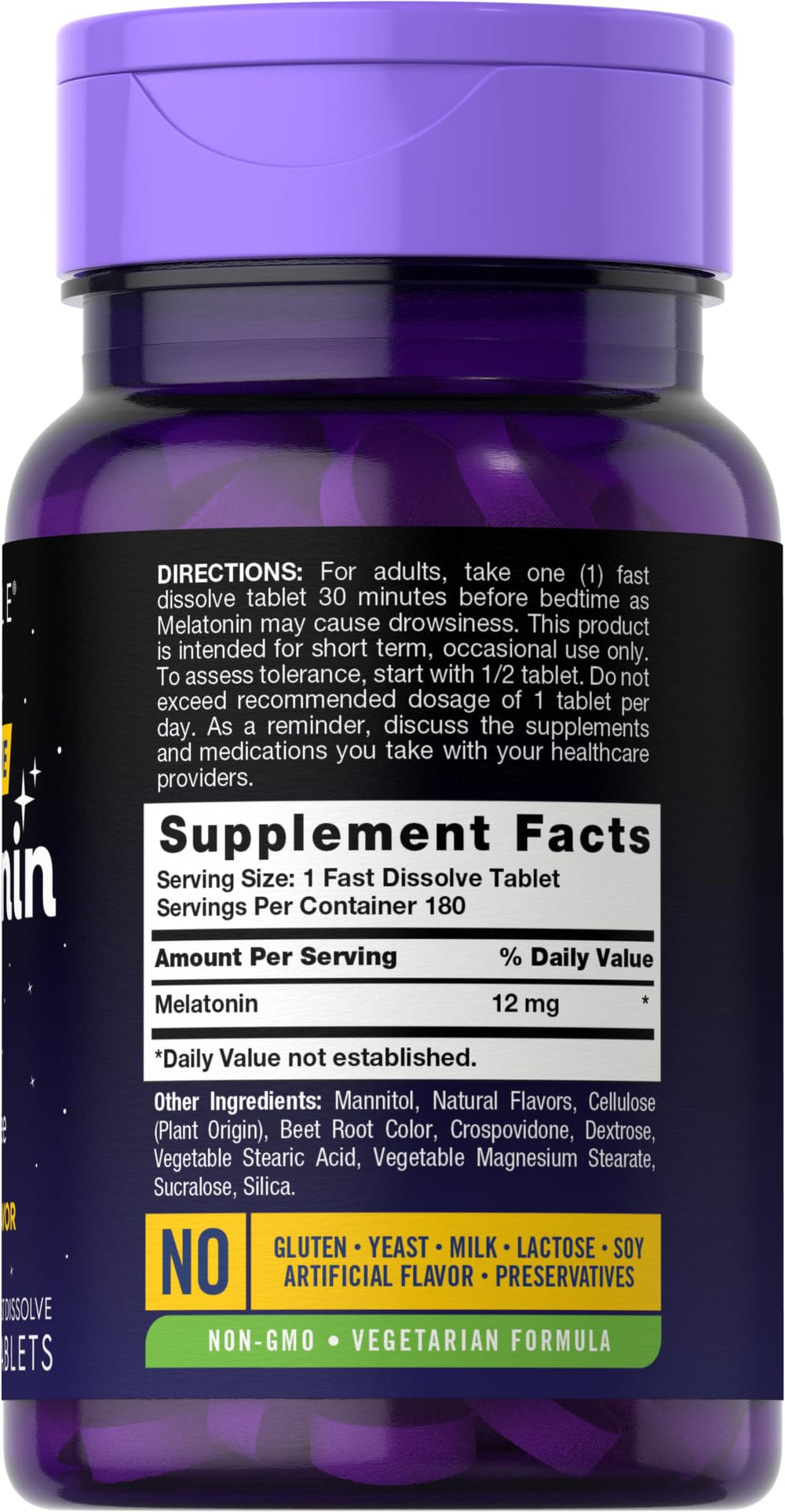 Close-up of Carlyle Melatonin 12 mg fast-dissolve berry-flavored tablets