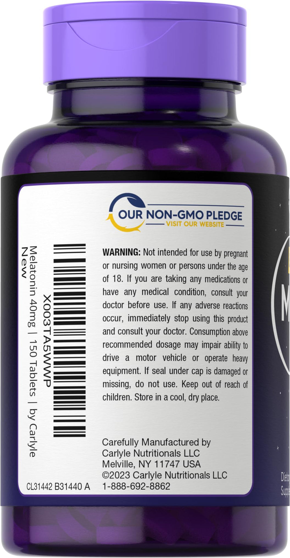 Supplement facts label for Carlyle Melatonin 40mg Complex