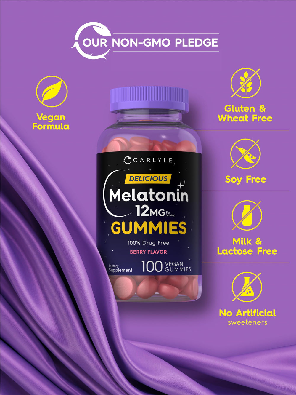 Vegan, Non-GMO, Gluten-Free icons on packaging