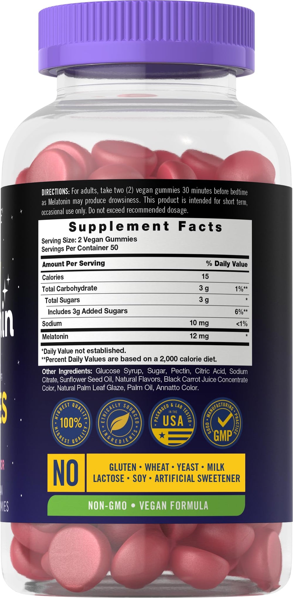 Carlyle Melatonin Gummies 12mg Berry flavor bottle back panel