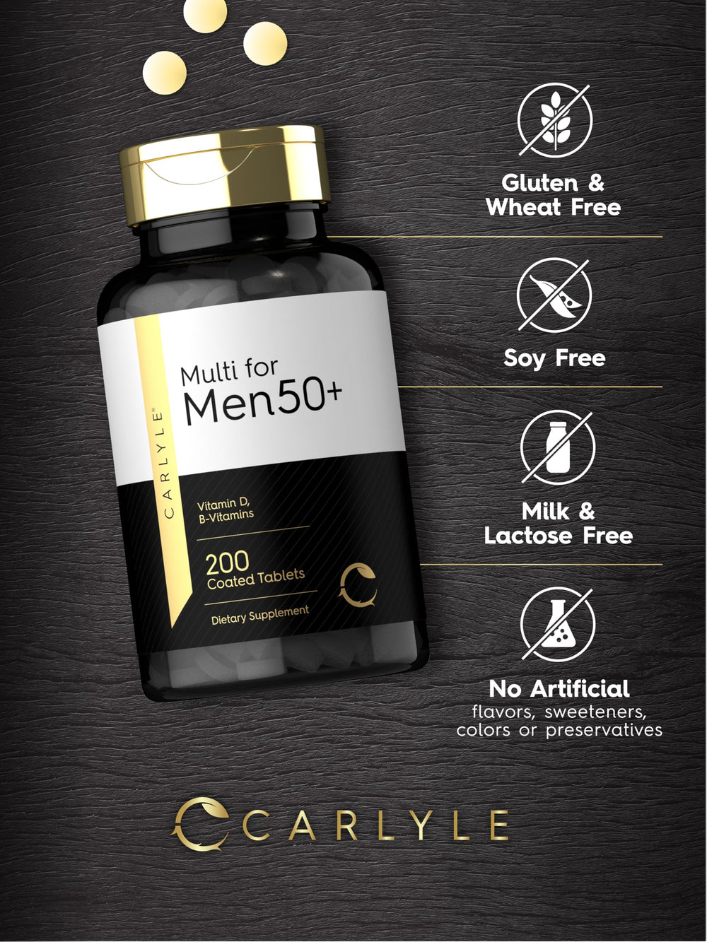 Front view of Carlyle logo on multivitamin bottle