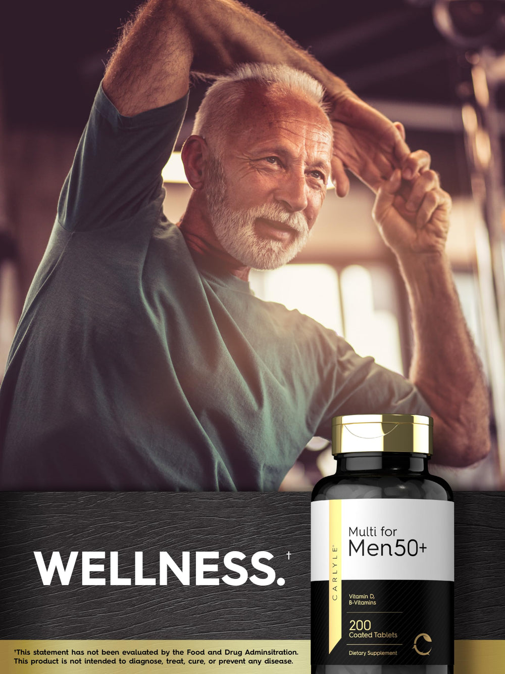 Box and bottle packaging of Carlyle Men 50+ multivitamin