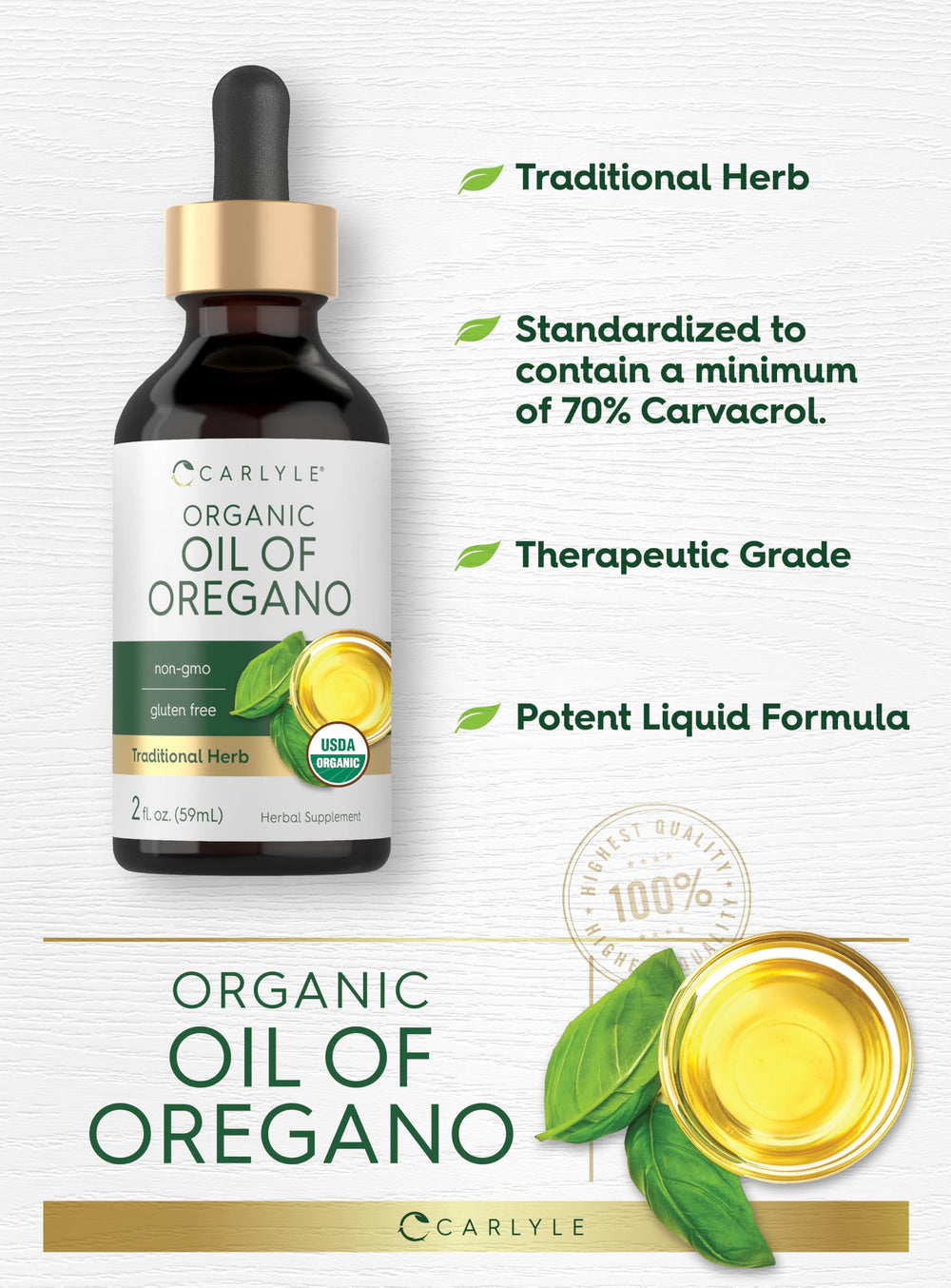 Dosing illustration showing 34 mg organic oregano per serving