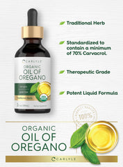 Dosing illustration showing 34 mg organic oregano per serving