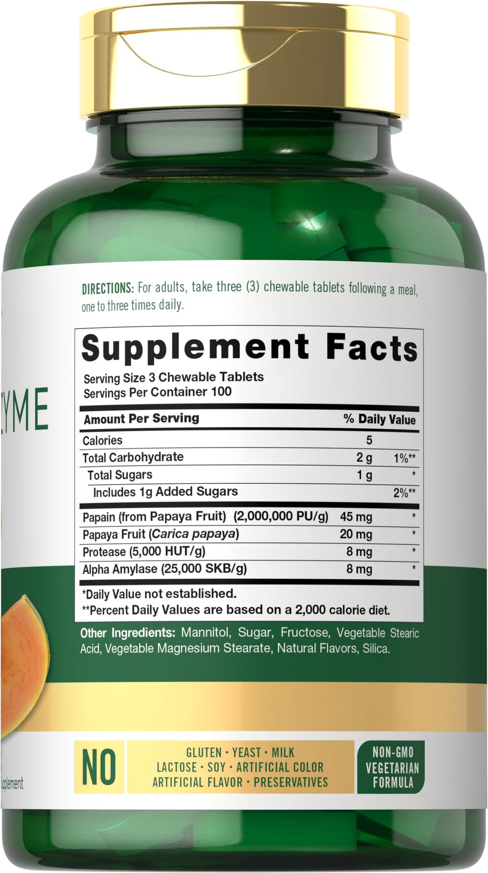 Non-GMO and vegetarian label on Carlyle Papaya enzyme tablets