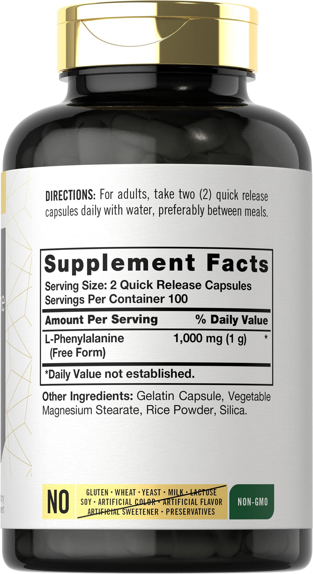 Close-up of Carlyle L-Phenylalanine 1000mg bottle label