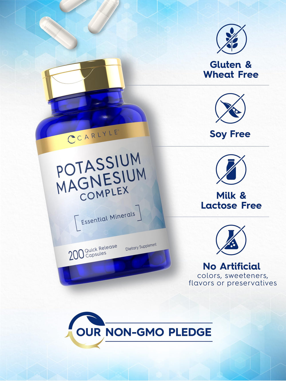 Nutrition facts panel for Carlyle Potassium Magnesium 200-count