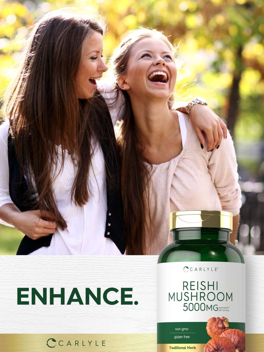 Front view of Carlyle Reishi Mushroom supplement bottle