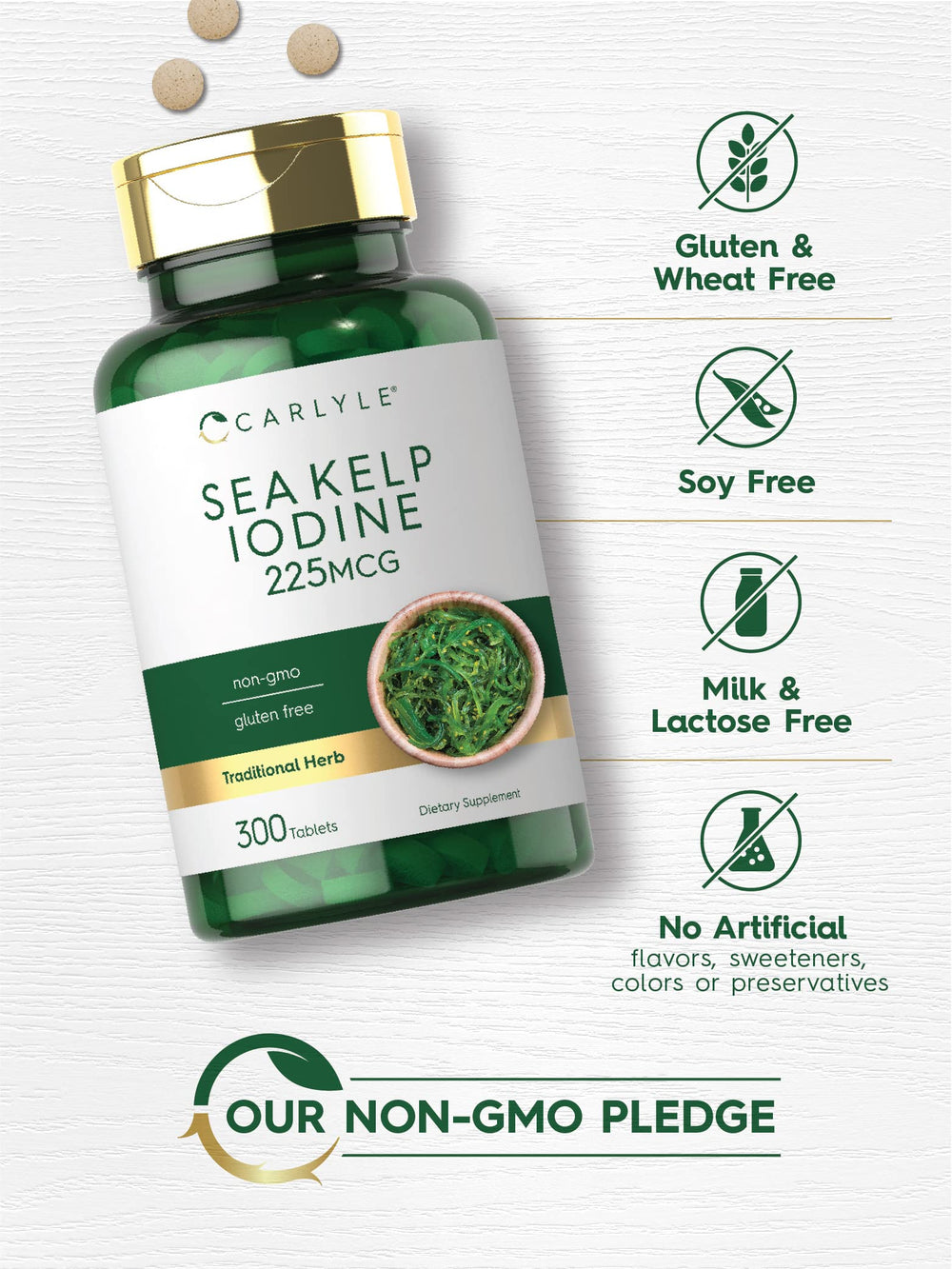 Non-GMO and Gluten Free badges on Carlyle Sea Kelp product