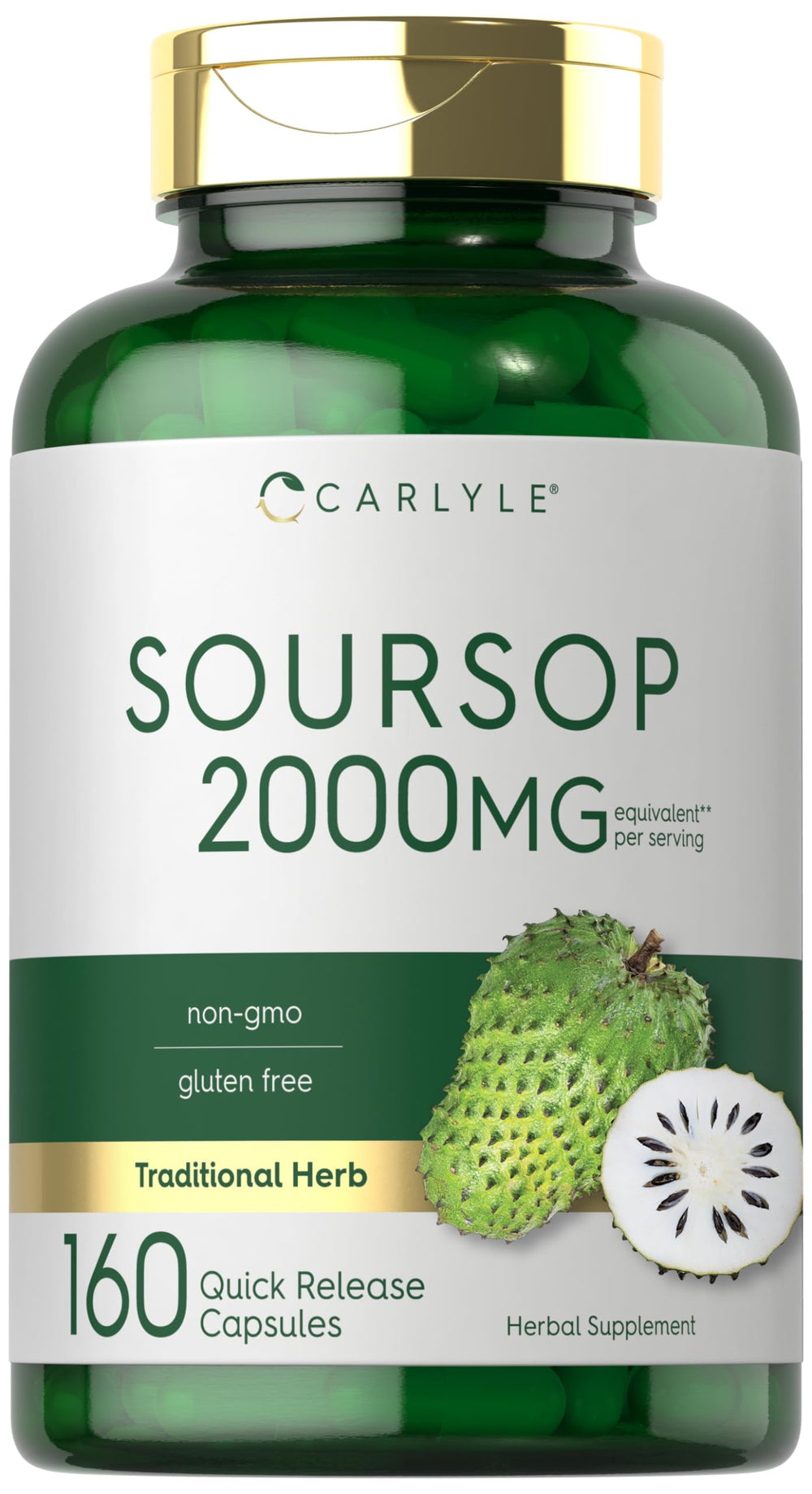 Carlyle Soursop Leaves bottle label showing 2000mg and 160 capsules