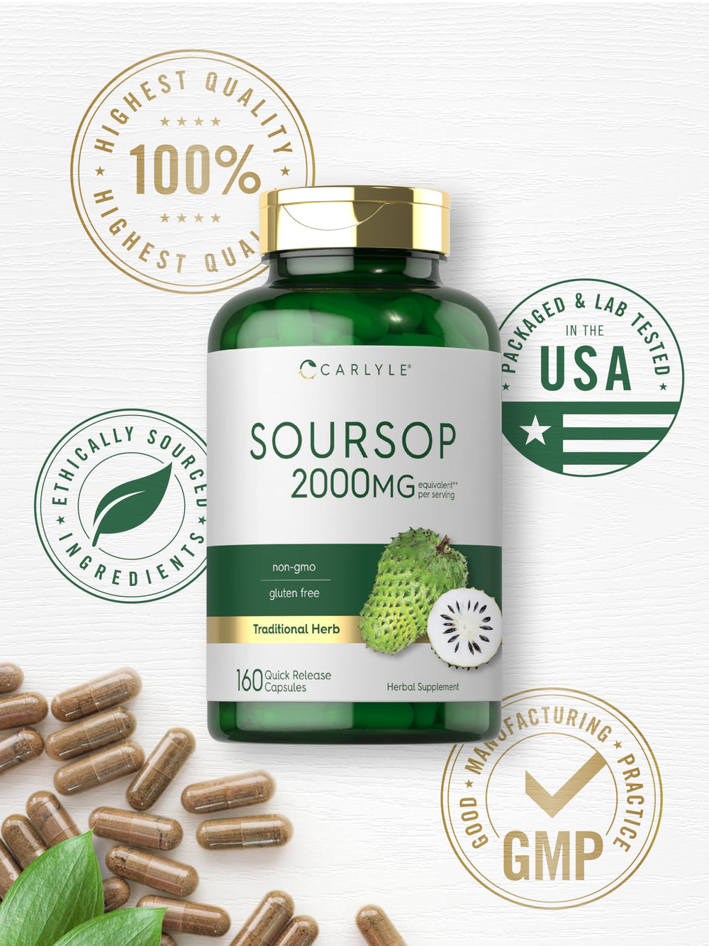 Carlyle Soursop Leaves bottle beside herbal tea setup