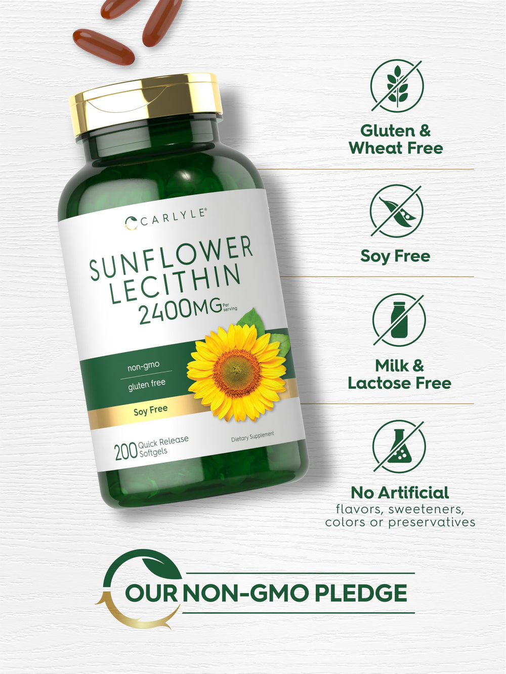 Sunflower seeds next to softgel capsules and bottle