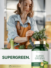 Gluten-free and Non-GMO indicators on Carlyle Super Greens packaging