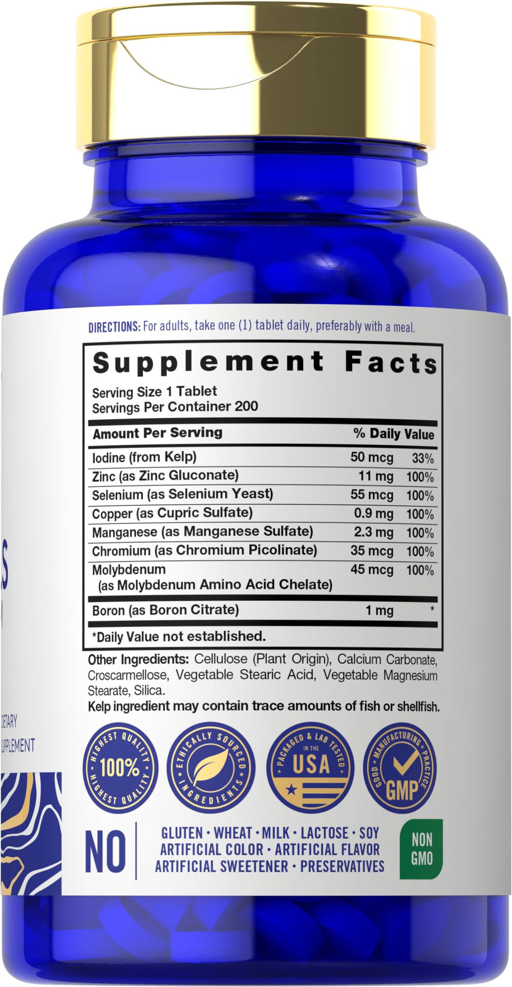 Back label of Carlyle Trace Minerals 200 Tablets bottle