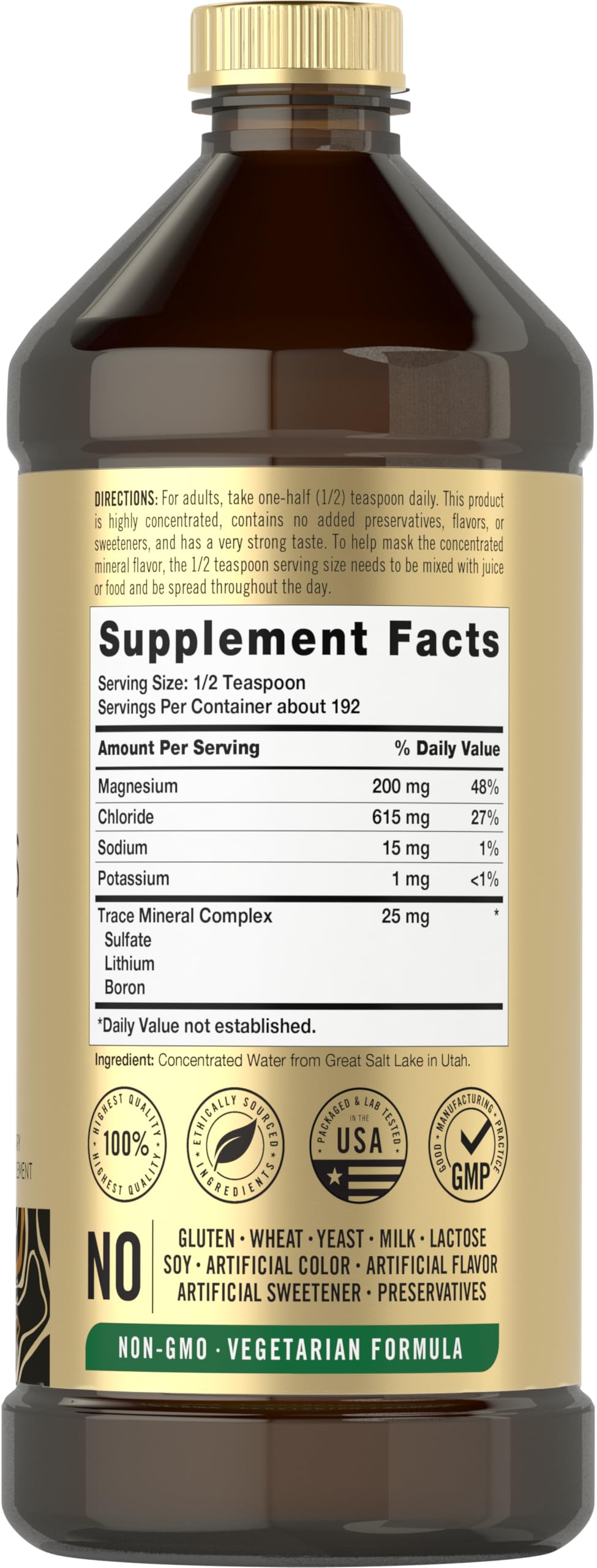 Close-up of Carlyle Trace Minerals 16 oz bottle label