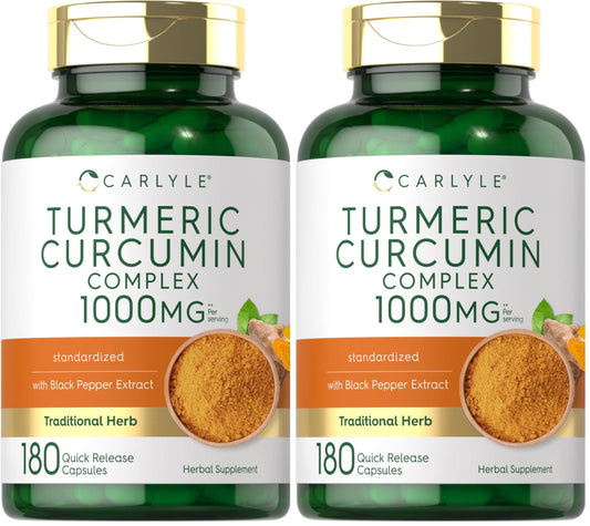 Carlyle Turmeric Curcumin 1000mg with Black Pepper capsules, 180-count per pack (Pack of 2)