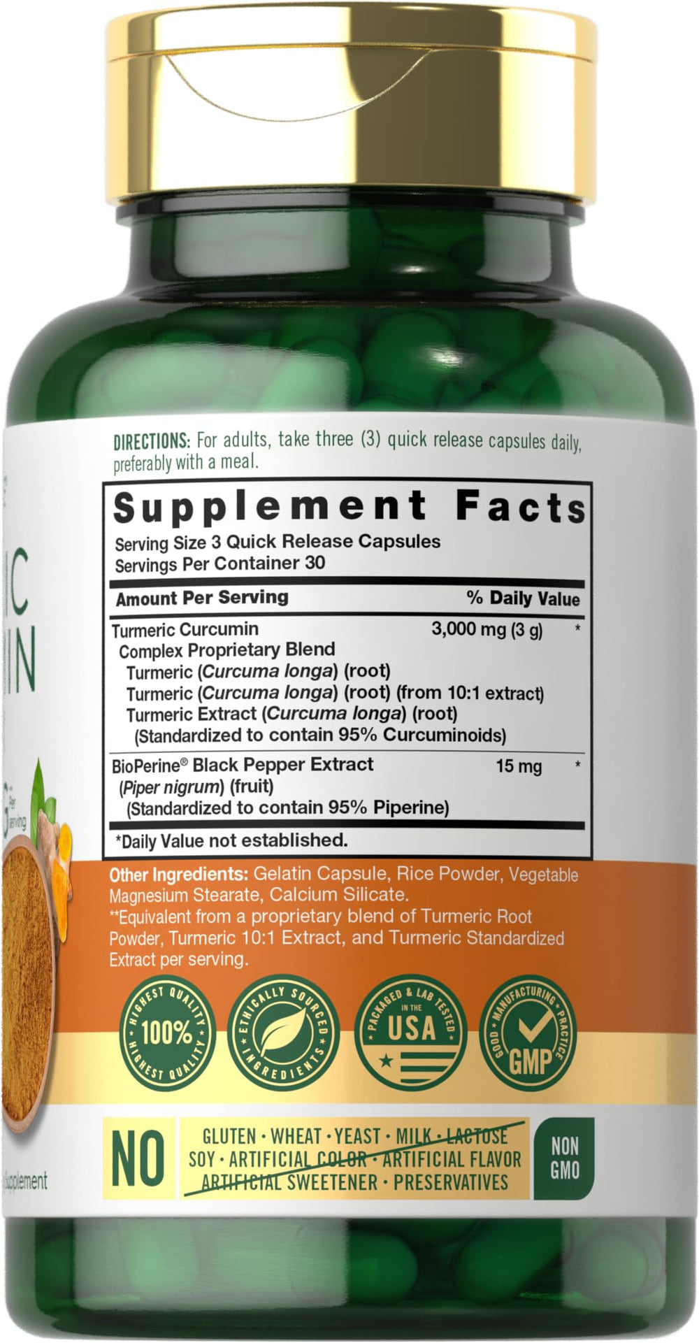 Close-up of Carlyle Turmeric Curcumin bottle and label