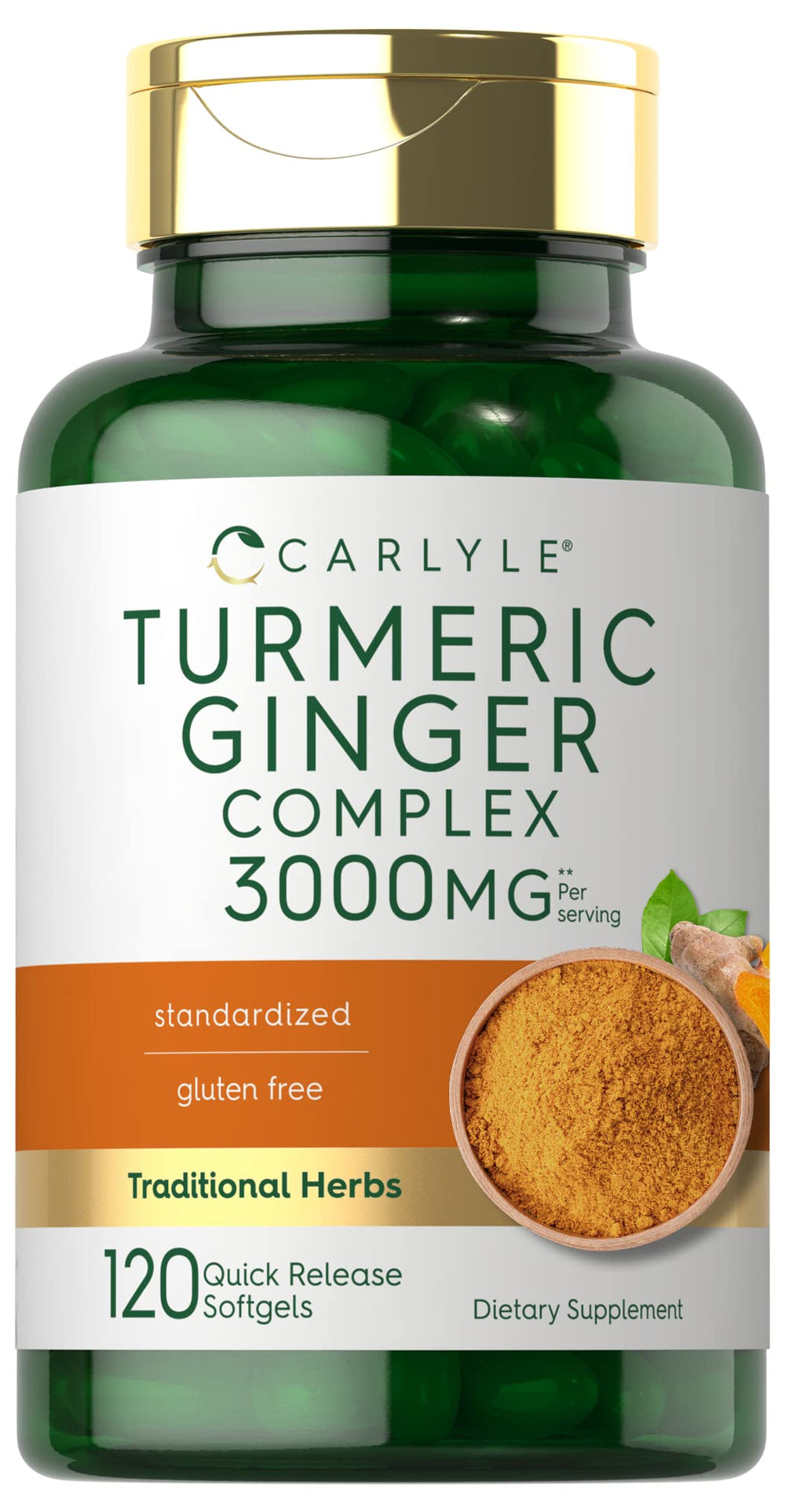 Front view of Carlyle Turmeric Ginger 3000 mg Softgels bottle