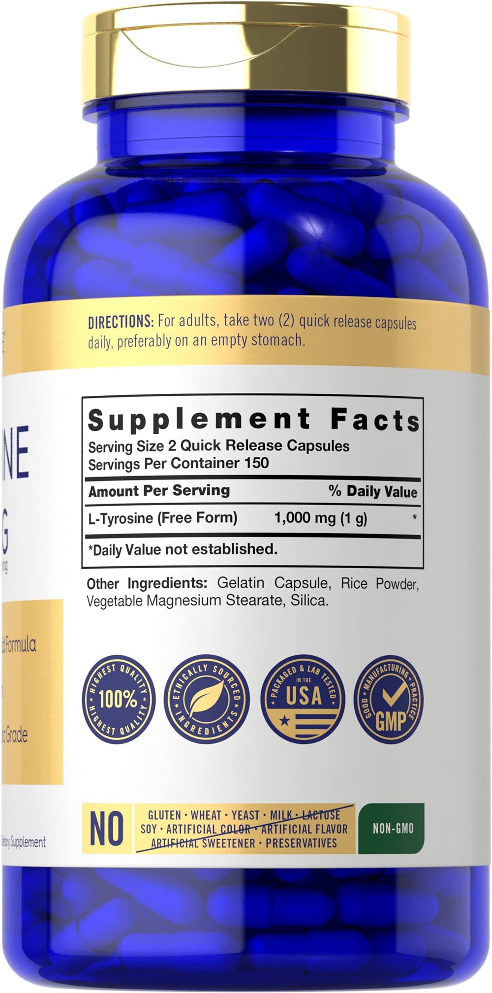 Close-up of Tyrosine capsules—quick-release 1000mg