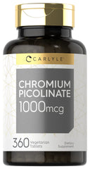 Front view of Carlyle Ultra Chromium Picolinate 1000mcg bottle with 360 tablets
