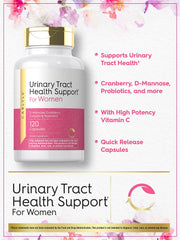 Close-up of product label highlighting D-Mannose, Cranberry & Probiotics