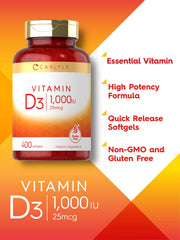 Close-up of Carlyle Vitamin D3 1000IU softgels in bottle