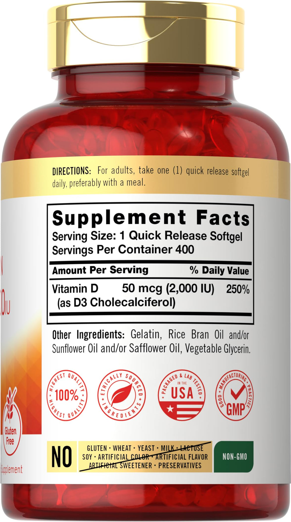 Carlyle Vitamin D3 2000IU bottle label showing Non-GMO and Gluten Free
