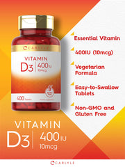 Front of bottle with label for Carlyle Vitamin D3 400 IU