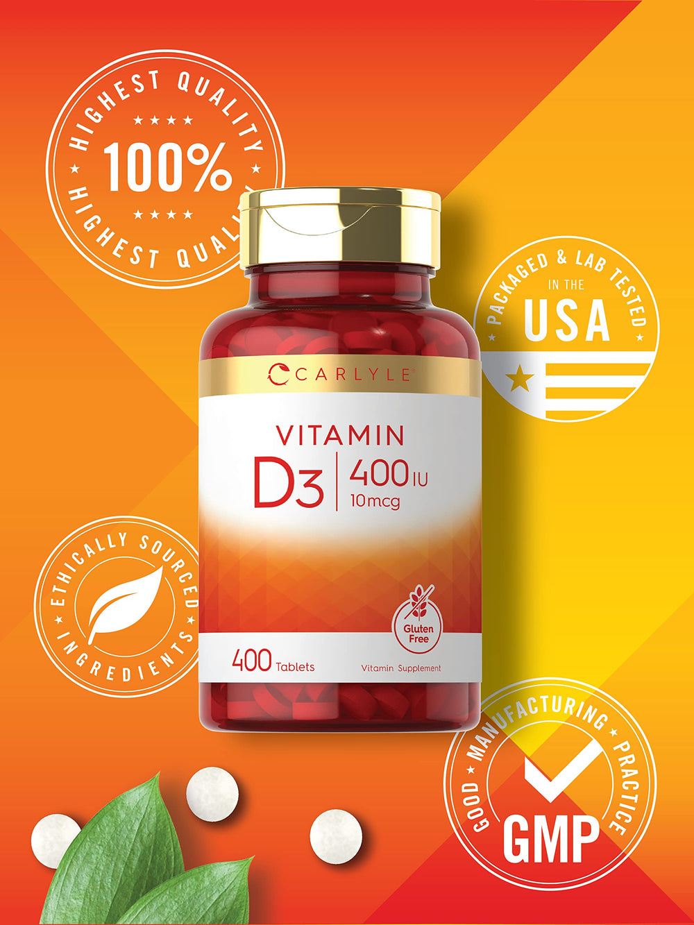 Serving size graphic showing 10 mcg (400 IU) per tablet