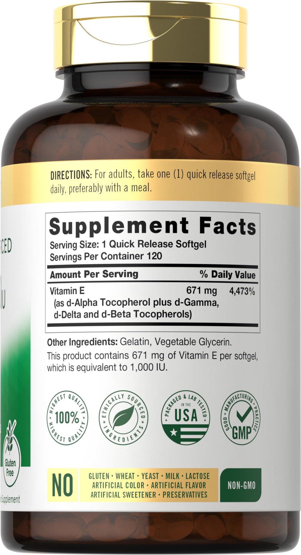 Close-up of Carlyle Vitamin E 1000 IU softgels