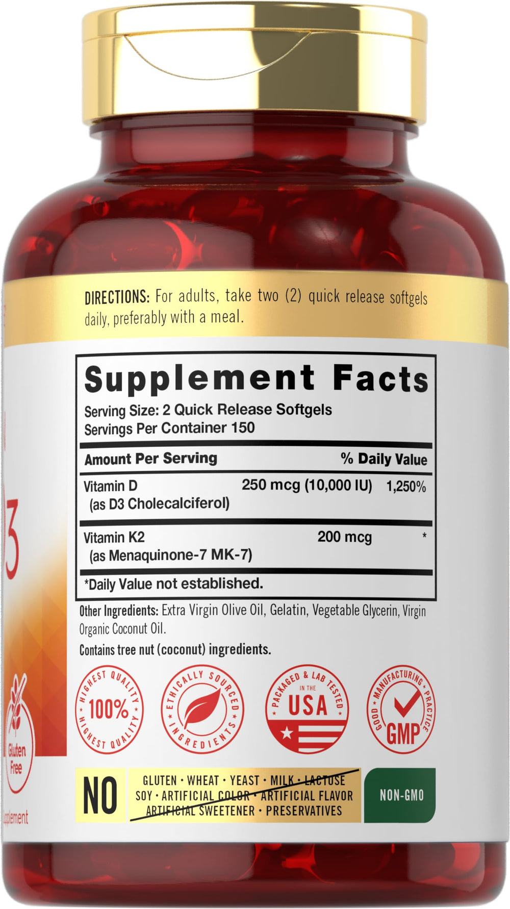 Carlyle Vitamin K2 + D3 300 Softgels bottle - back label