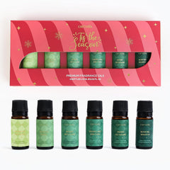 Six Carnatia Christmas aroma oil bottles arranged