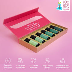 Close-up of six aroma oils from Carnatia Christmas Set