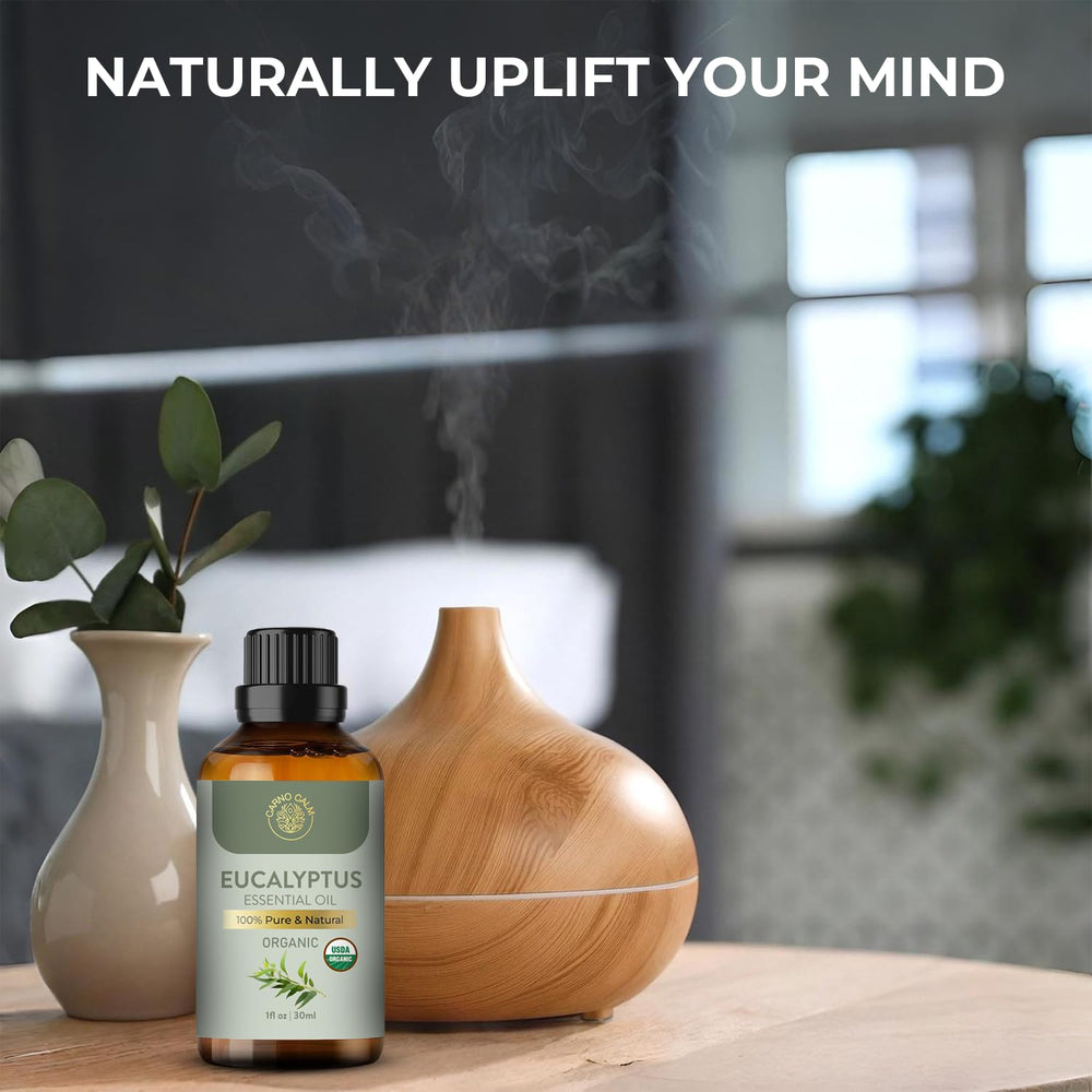 Amber glass bottle with Carno Calm Eucalyptus Oil label