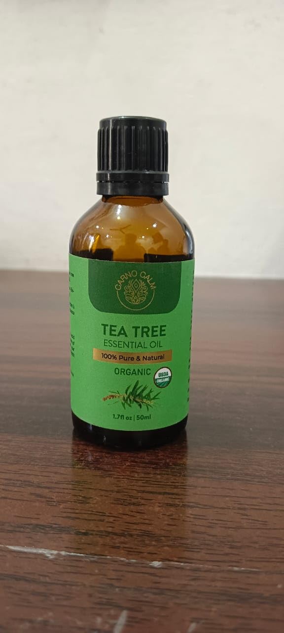 Close-up of Carno Calm Tea Tree Oil bottle label