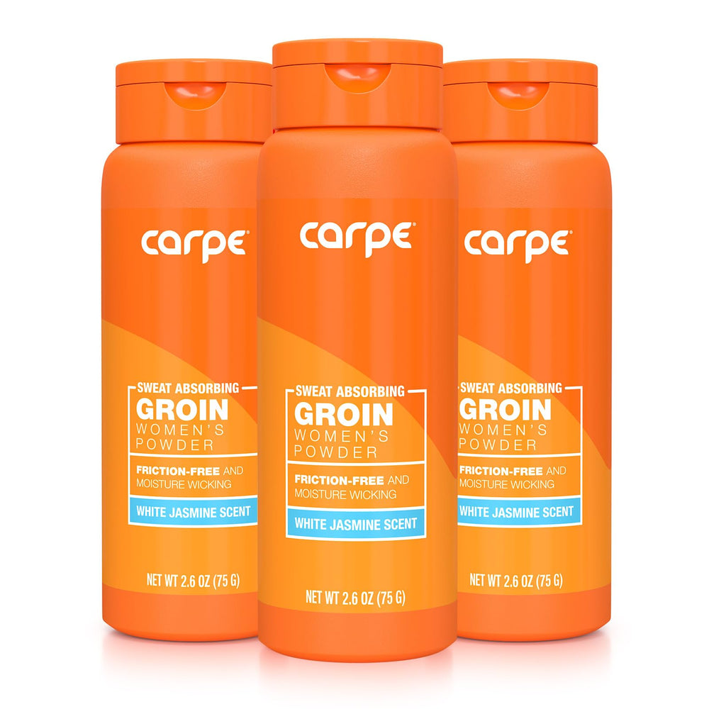 Carpe sweat-absorbing powder bottle close-up; soft, talc-free texture