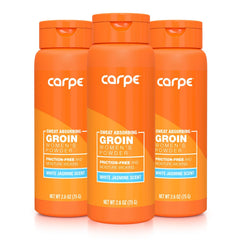 Carpe sweat-absorbing powder bottle close-up; soft, talc-free texture