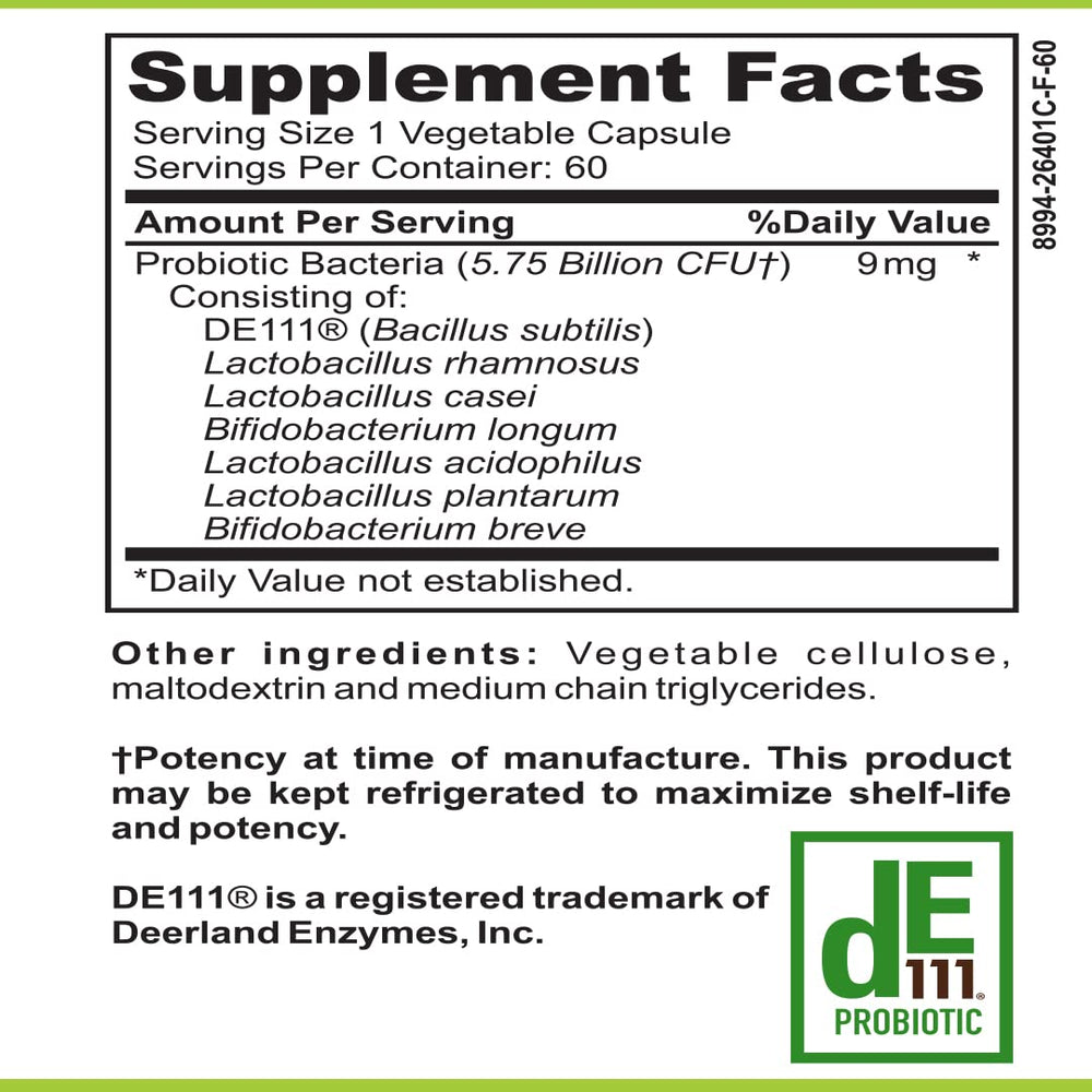 Shelf-stable probiotic bottle label indicating vegan, non-GMO, gluten-free
