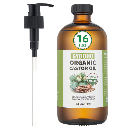 Organic castor oil in a 16oz amber glass bottle with pump