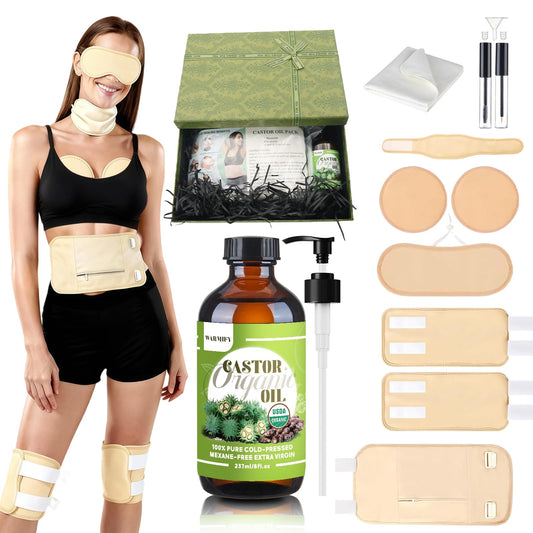 Full-body castor oil pack kit with 8 oz organic castor oil and wraps