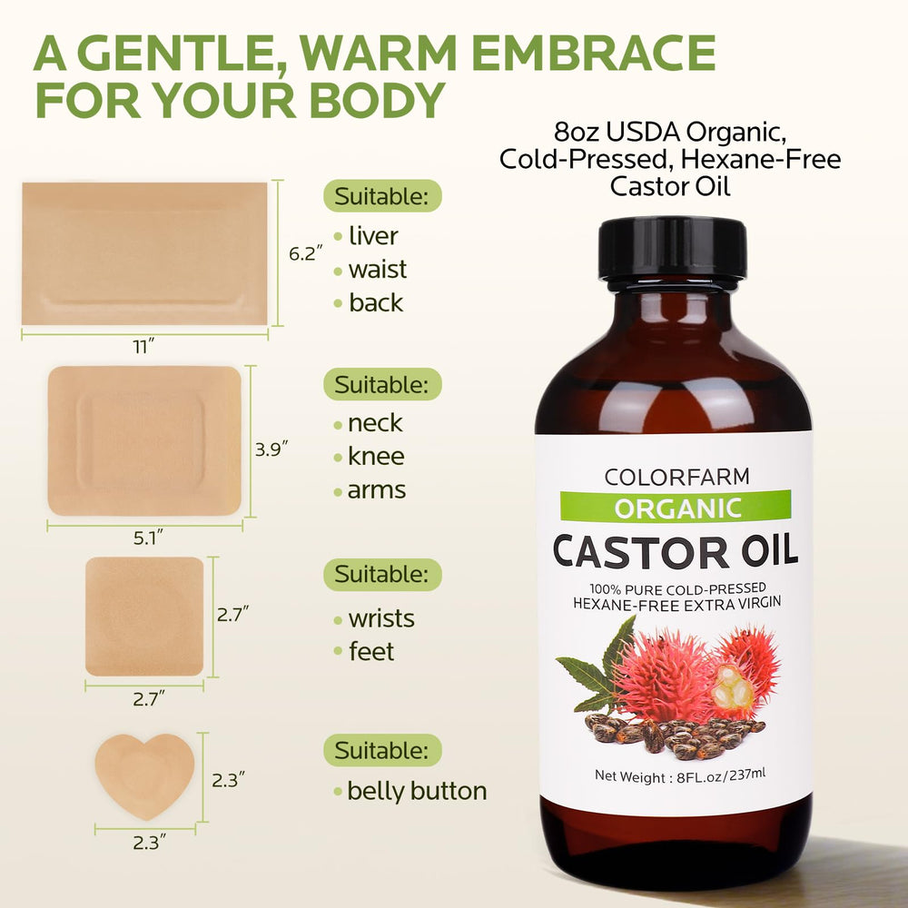Illustration of using castor oil pack wrap for liver, stomach, and wellness